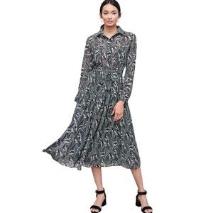 CALISTA Black Sheer Chiffon Midi Dress S Black White Long Sleeve Buttons